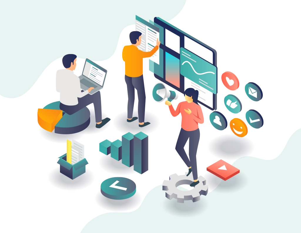 MARKETING DIGITAL Pessoa a trabalhar num layout digital com elementos de interface, representando serviços de web design.