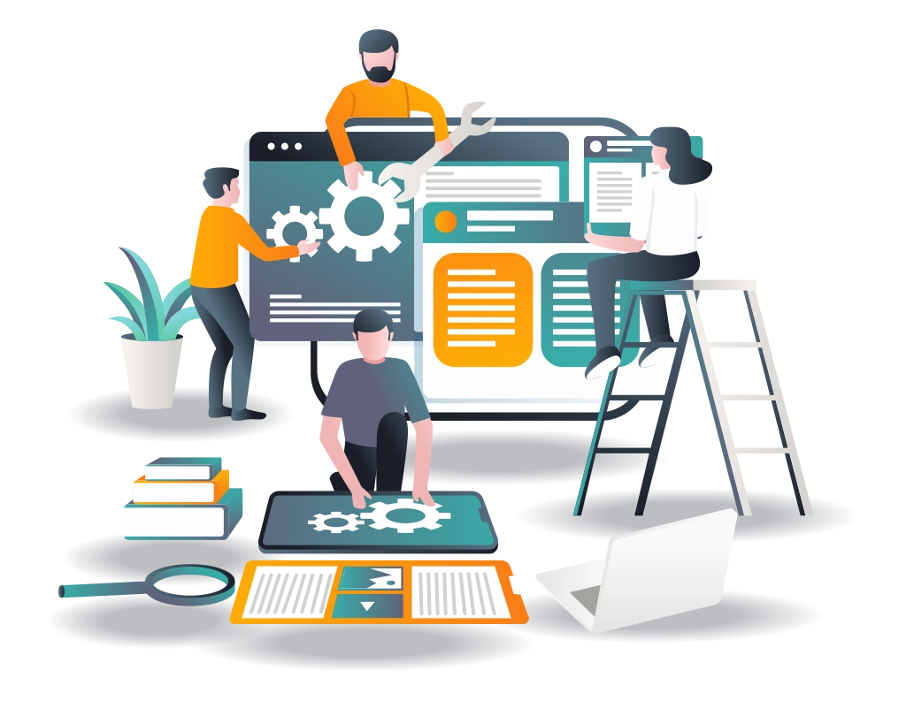 SERVIÇOS Pessoa a trabalhar num layout digital com elementos de interface, representando serviços de web design.