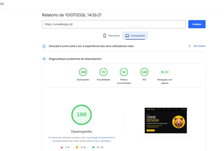 Do "Site Rápido" ao "Site que Vende": Por que a Velocidade é apenas o início? Relatório de desempenho, acessibilidade e SEO do site UNNE Design no Google PageSpeed Insights com pontuação de 100.